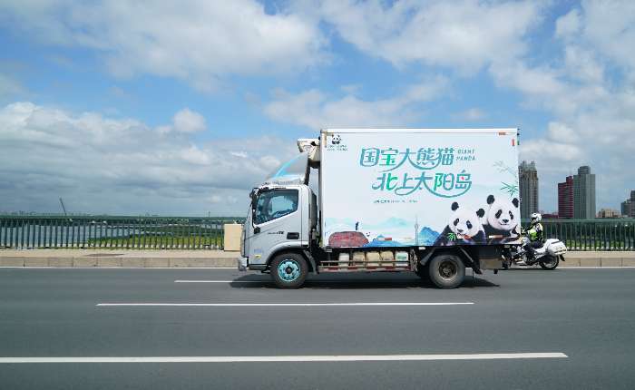 8月11日，大熊猫“芝士”与“芝麻”乘川航3U8471航班从成都抵达黑龙江哈尔滨，正式入住太阳岛大熊猫馆。据悉，两只大熊猫均来自成都大熊猫繁育研究基地，其中“芝士”为雄性，8岁；“芝麻”同为雄性，8岁。图为恒温运输车转运大熊猫途经公路大桥。中新社记者赵宇航摄