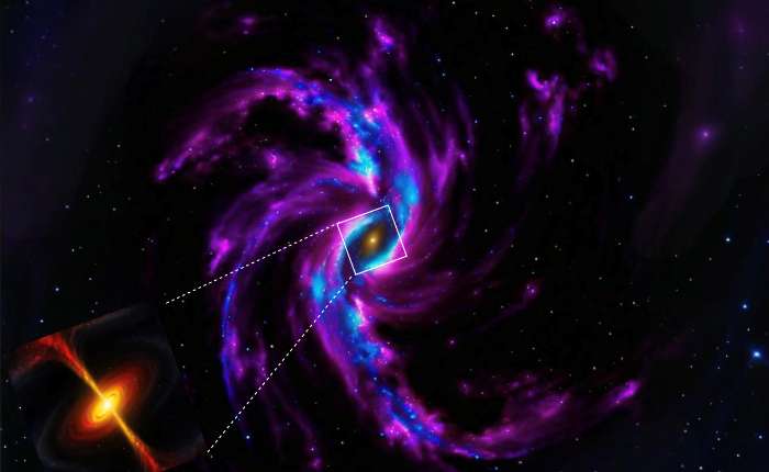 本项研究发现分子云中类“迷你棒旋星系”层级气体结构的艺术图（AI参与制作）。（中国科学院上海天文台 供图）